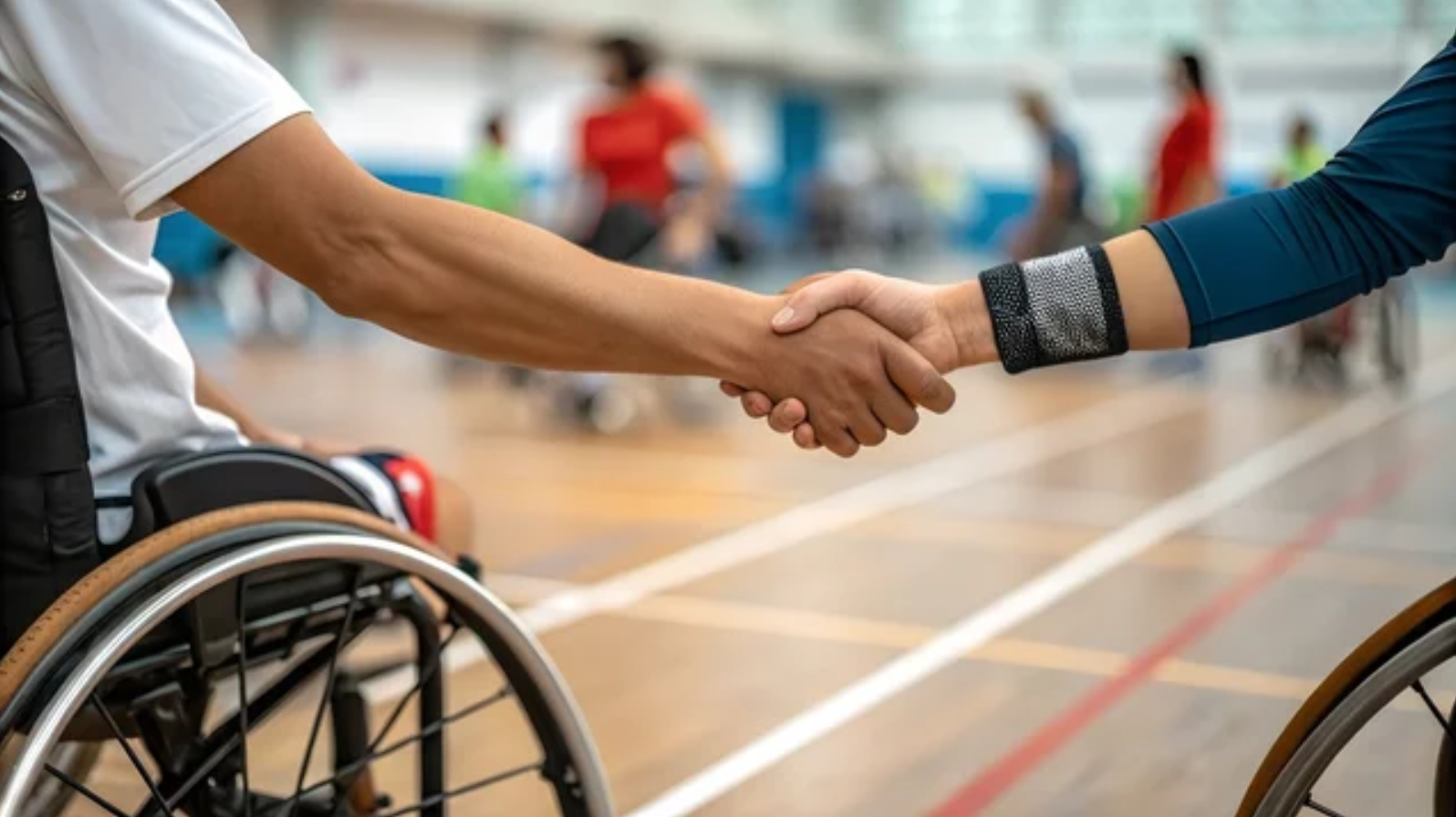 Zwei Personen geben sich die Hand in einer Sporthalle, eine Person sitzt im Rollstuhl